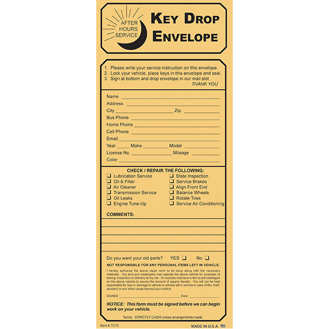 Night Drop Envelope, Key Drop Kraft With Checklist - Qty. 100 - Independent Dealer Services