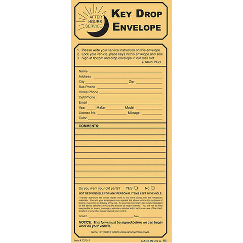 Night Drop Envelope, Key Drop Kraft - NO Checklist - Qty. 100 - Independent Dealer Services