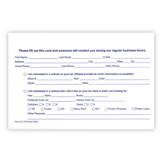 Customer Lead Cards - CLC -  5.5" x 8.5" - Qty. 100 - Independent Dealer Services