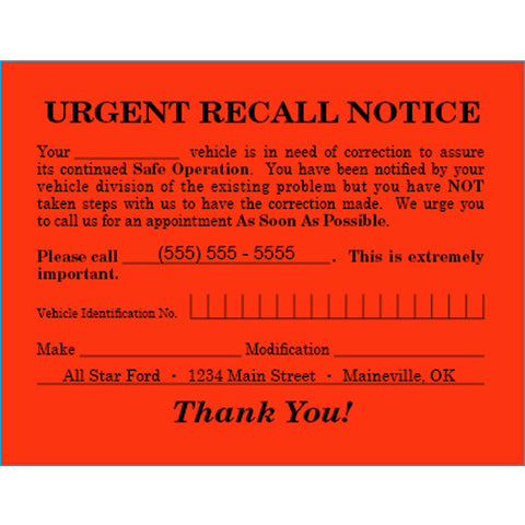 Urgent Recall Notice - RT-6 - 5.5" x 4.25" - Imprinted -  Qty. 500 - Independent Dealer Services