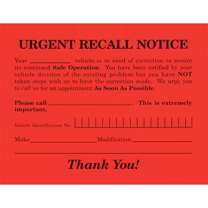 Urgent Recall Notice - RT-6 - 5.5" x 4.25" - Qty. 250 - Independent Dealer Services
