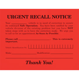 Urgent Recall Notice - RT-6 - 5.5" x 4.25" - Qty. 250 - Independent Dealer Services