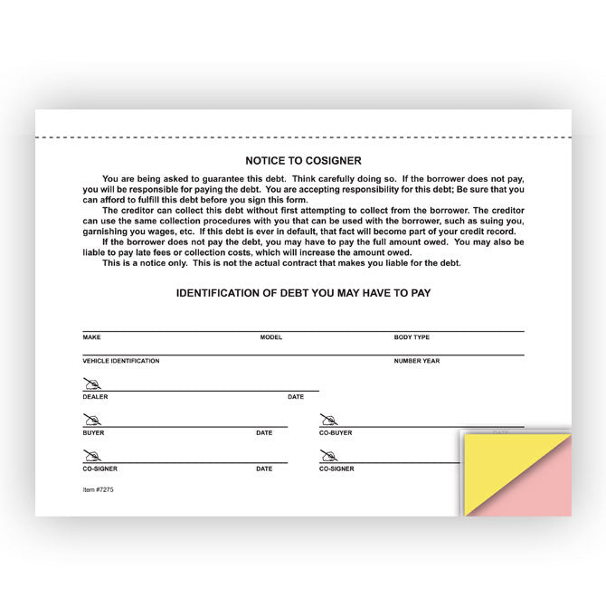 Notice to Co-Signer - 3 Part Snap-Out - Qty. 100 - Independent Dealer Services