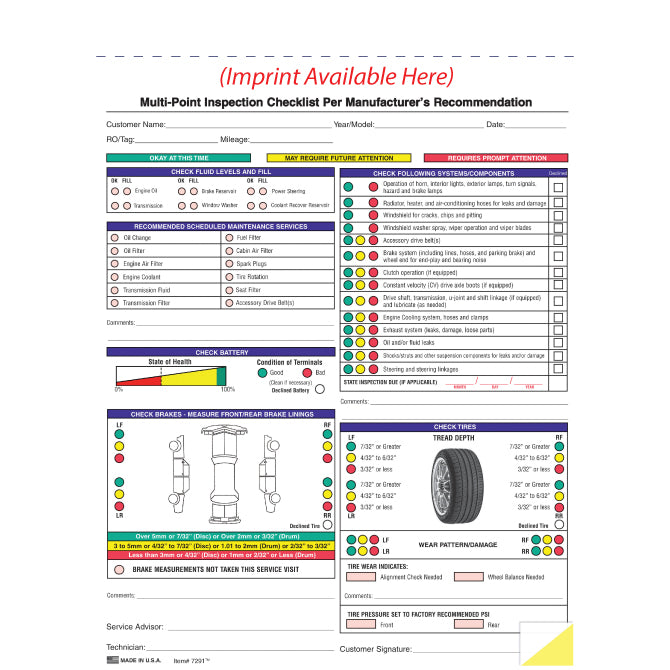 Multi-Point Vehicle Inspection Report - 2 Part - Imprinted - Qty. 500 - Independent Dealer Services