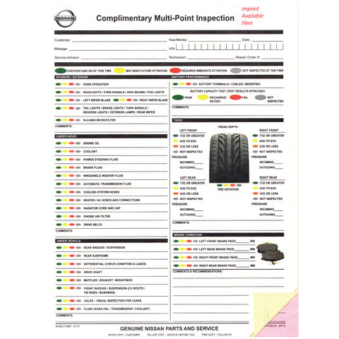 Nissan Multi-Point Vehicle Checkup - 3 Part - Imprinted - Qty. 500 - Independent Dealer Services