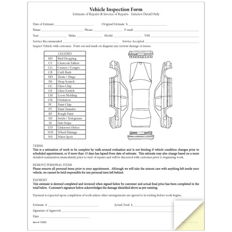 Vehicle Inspection & Estimate Form - 2 Part - Qty. 100 - Independent Dealer Services
