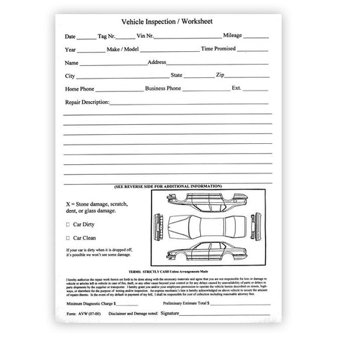 Vehicle Inspection Worksheet - AVW - 8 1/2" x 11" Padded - Qty. 100 - Independent Dealer Services