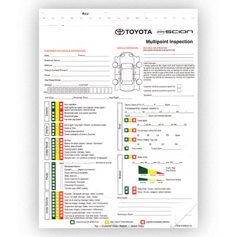 Toyota Multi-Point Vehicle Checkup - 3 Part - Qty. 250 - Independent Dealer Services