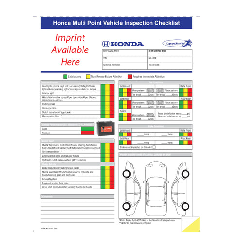 Honda Multi-Point Vehicle Checkup - 2 Part - Imprinted - Qty. 500 - Independent Dealer Services