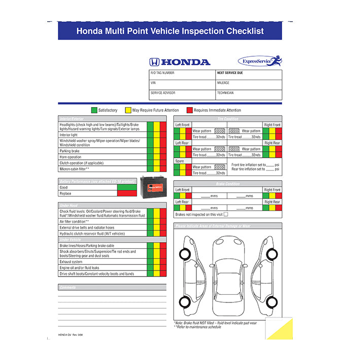 Honda Multi-Point Vehicle Checkup - 2 Part - Qty. 250 - Independent Dealer Services