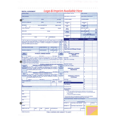 Rental Agreement - CFD-252-PA4 - 4 Part - IMPRINTED - Qty. 500 - Independent Dealer Services