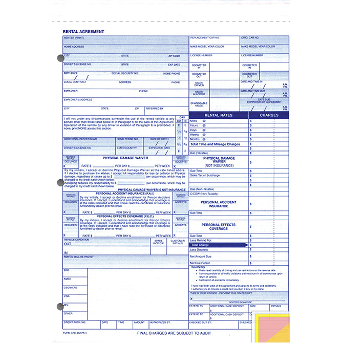Rental Agreement - CFD-252-PA4 - 4 Part - Qty. 100 - Independent Dealer Services