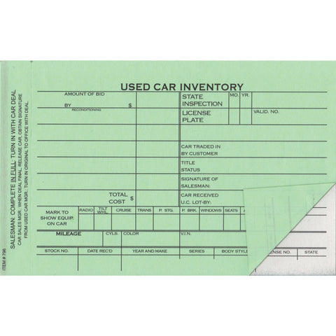 Used Car Inventory Card - 2 Part - 6-5/8" x 4-1/4" - Qty. 100 - Independent Dealer Services