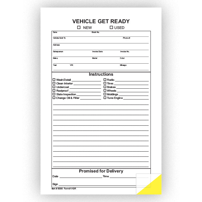 Vehicle Get Ready Form - 5 1/2"  X 8 1/2 " - Qty. 100 - Independent Dealer Services