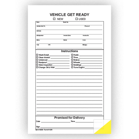 Vehicle Get Ready Form - 5 1/2"  X 8 1/2 " - Qty. 100 - Independent Dealer Services