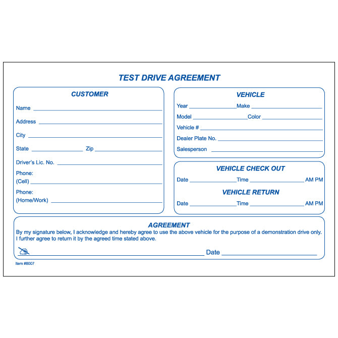 Test Drive Agreement Form - Qty. 100 Per Pad – Independent Dealer Services