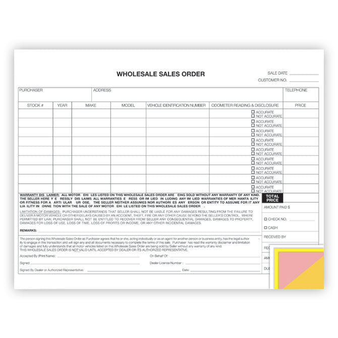 Wholesale Sales Order - 4 Part -  Qty. 100 - Independent Dealer Services