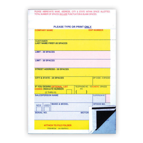 Vehicle Deal Label - AA-168-P/A-3 - Perm. Adh. - 3 Part - Qty. 100 - Independent Dealer Services