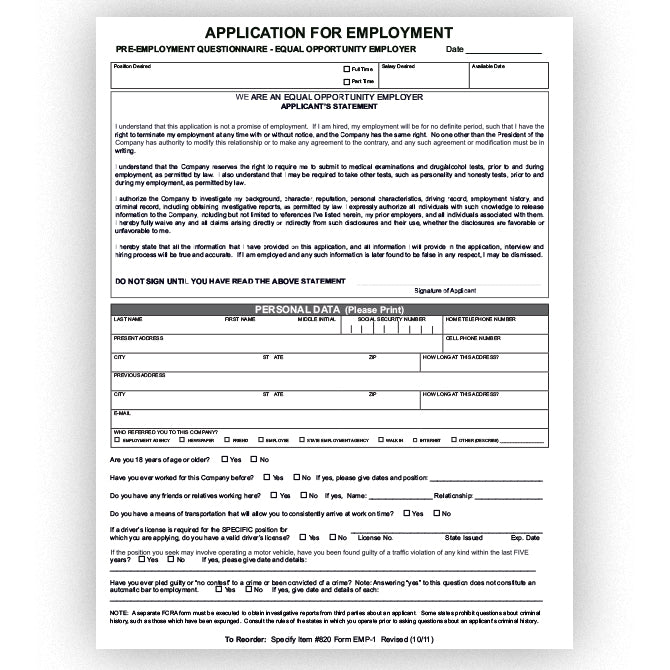 Application for Employment - EMP-1 - Qty. 50 - Independent Dealer Services