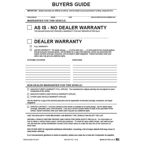 Buyers Guide - BG-2017 - As Is - 2 Part - File Copy - Qty. 100 - Independent Dealer Services
