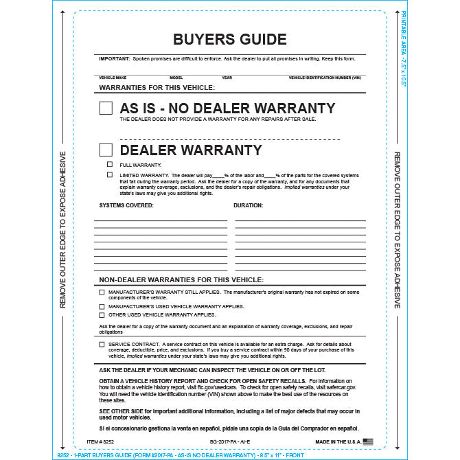 Buyers Guide - BG-2017-PA - AI-E - As Is - P/A - Qty. 100 - Independent Dealer Services