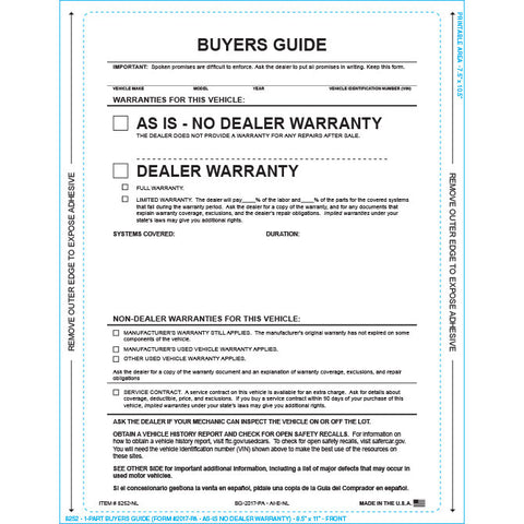 Buyers Guide - BG-2017-PA - AI-E-NL - As Is - P/A - No Lines - Qty. 100 - Independent Dealer Services