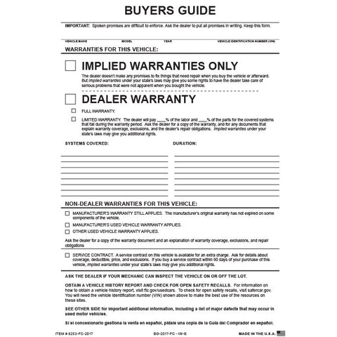 Buyer Guide - Implied Warranty, 2 Part - File Copy - Qty. 100 - Independent Dealer Services