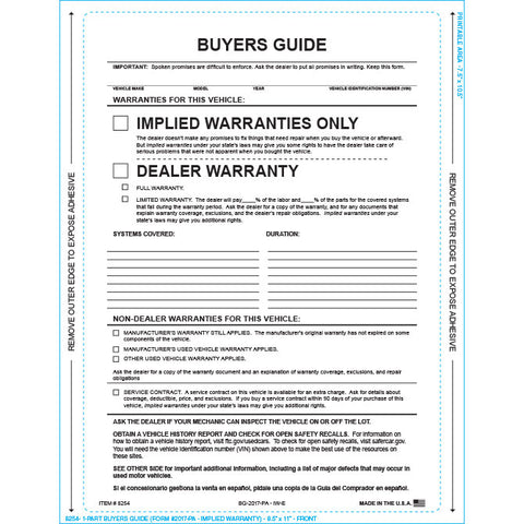 Buyers Guide - Implied Warranty - P/A - Qty. 100 - Independent Dealer Services