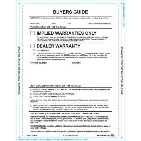 Buyers Guide - Implied Warranty - P/A - No Lines - Qty. 100 - Independent Dealer Services