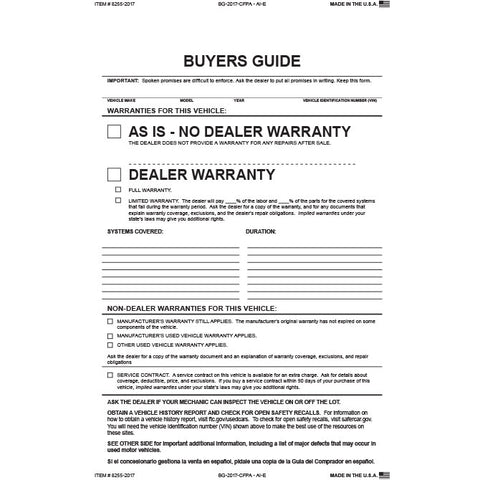 Buyers Guide - BG-2017-CFPA - AI - As Is - 2 Part, 16# Paper/PA - Qty. 100 - Independent Dealer Services
