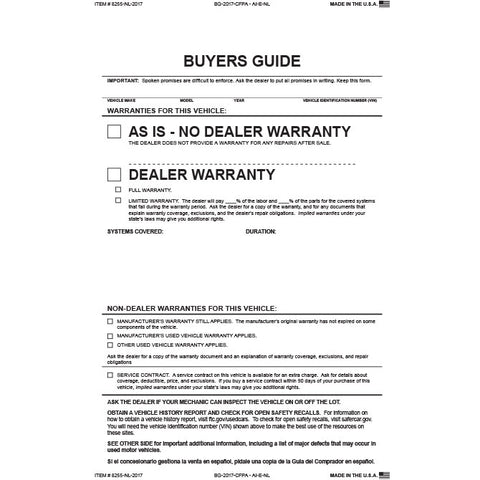 Buyers Guide - BG-2017-CFPA-AI-E-NL As Is-2 Pt No Lines -Qty. 100 - Independent Dealer Services