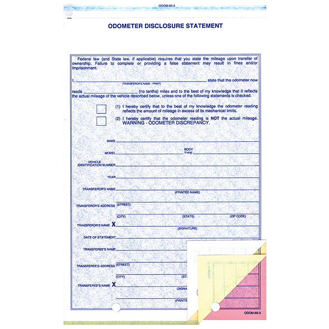 Odometer Disclosure Statement - ODOM-65-3 - 3 Part - Qty. 250 - Independent Dealer Services
