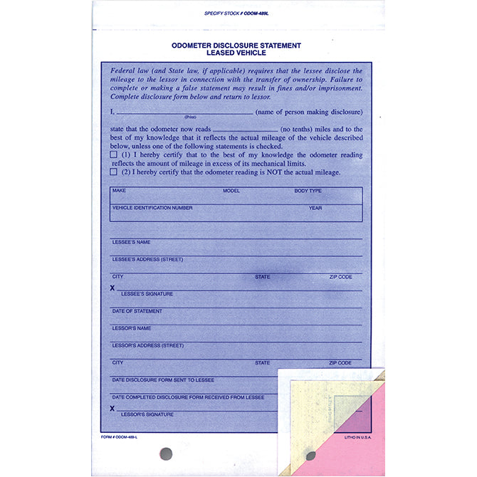 Lease Odometer Statement - ODOM-489-L - Qty. 100 - Independent Dealer Services