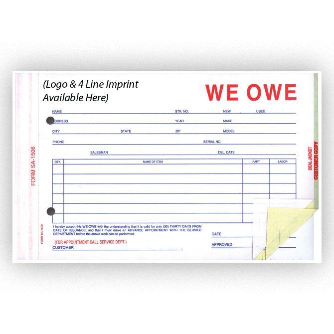 We Owe - SA-1506-3 - 3 Part - IMPRINTED - Qty. 500 - Independent Dealer Services