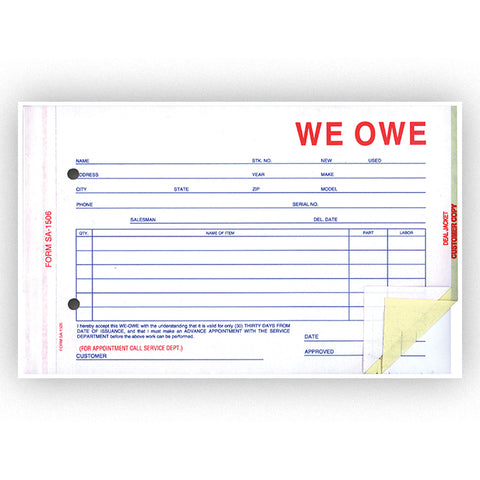 We Owe - SA-1506-3 - 3 Part - Qty.100 - Independent Dealer Services
