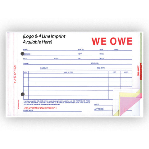 We Owe - SA-1506-4 - 4 Part - IMPRINTED - Qty. 500 - Independent Dealer Services