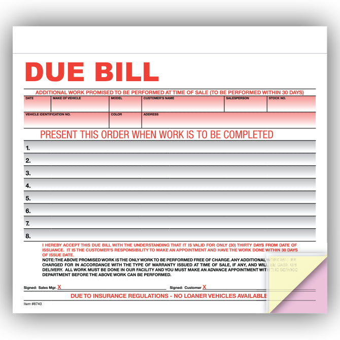 Due Bill Form - 3 Part - Qty. 100 - Independent Dealer Services