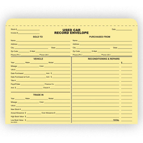 Used Car Record Envelope - Qty. 100 - Independent Dealer Services